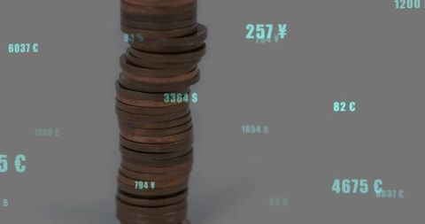 Stacked copper coins with floating currency figures for finance and data visualization