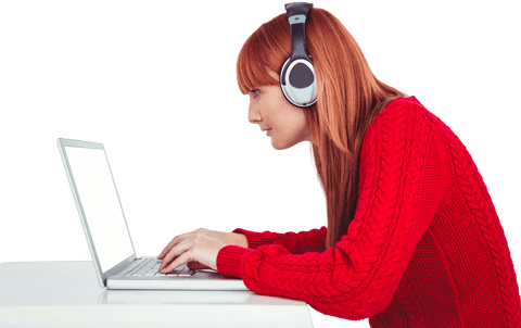 Concentrated woman in red using laptop with headphones overlay
