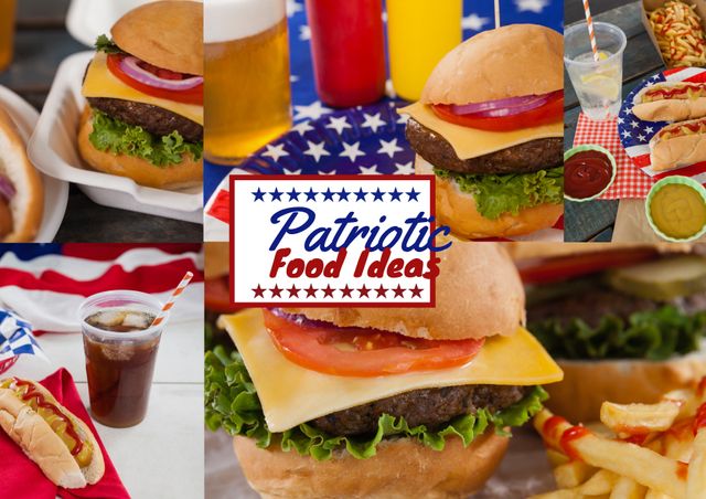 Featuring classic burgers and hot dogs, this image encapsulates the joy of celebrating American cuisine. Ideal for use in marketing materials for national holidays such as Independence Day, Memorial Day, or Labor Day, as well as food blogs, family cookout plans, and holiday event promotions. Highlighting tasty burgers with cheese, fresh lettuce and tomato, cold drinks, and flag-styled elements, the template perfectly symbolizes a sense of patriotism and mouthwatering food ideas.