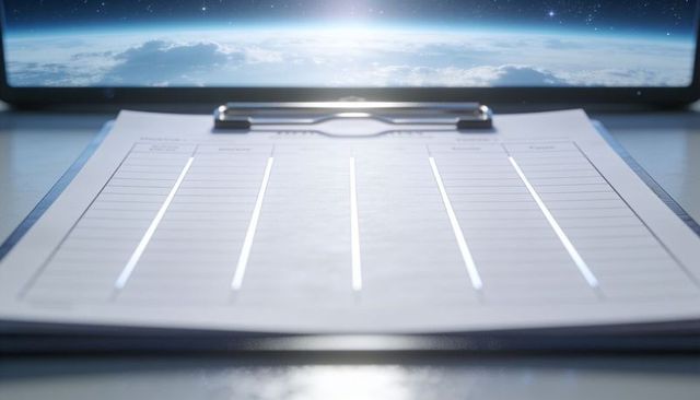 Spacecraft clipboard on console with mission checklist and earth horizon view
