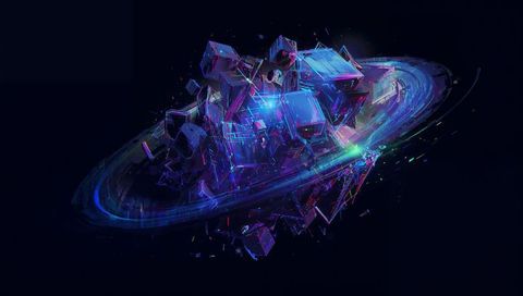 Neon orbital cube cluster with luminous ring and futuristic glitch debris