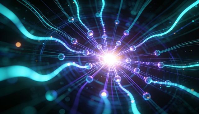 Radiant neural core with cyan and purple filaments conveying data flow and connectivity