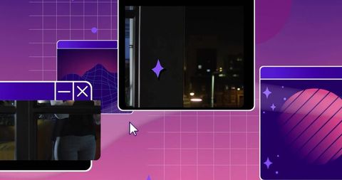 Standing woman by glass doors facing city lights with neon gradient ui panels