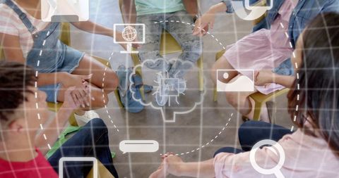 Diverse Students Collaborating with AI Concept Overlay