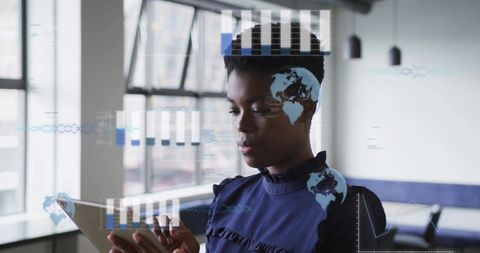 Businesswoman analyzing financial data on tablet with global projections