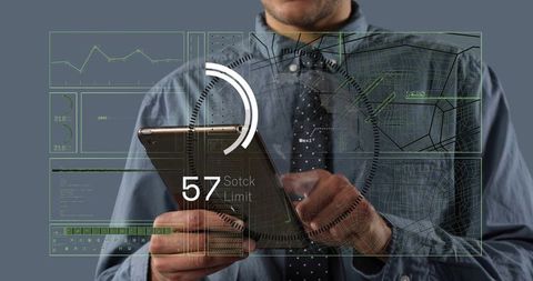 Business Pro Holding Tablet Tapping Futuristic HUD Interface Showing 57 Stock Limit