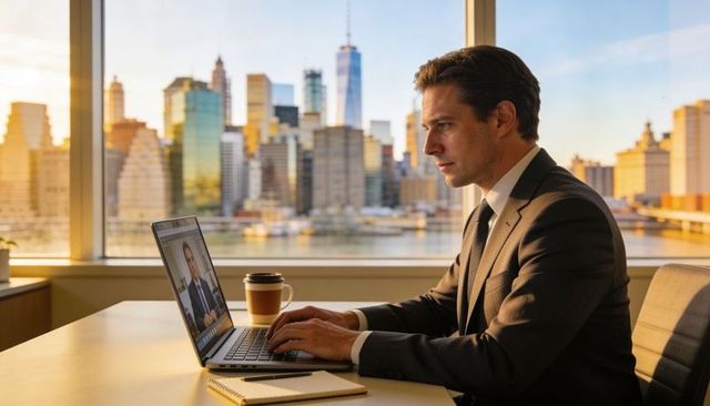 Executive working on laptop during golden hour with city skyline and waterfront view