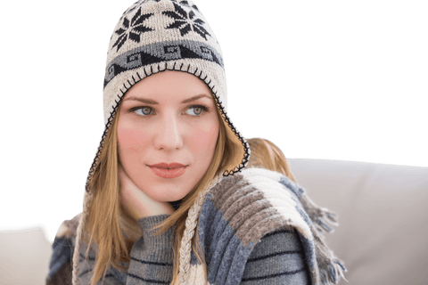 Caucasian Woman Wearing Colored Winter Hat and Scarf on Transparent Background