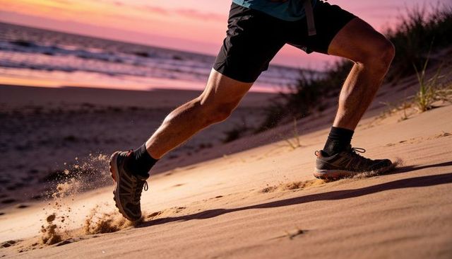 Trail running on coastal sand dune at sunset kicking up sand with energetic dynamic stride