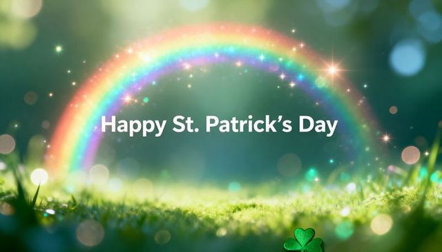 Rainbow arch celebrating st. Patrick's day over dewy meadow with sparkling clover