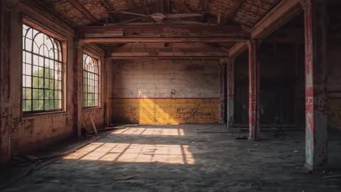 Sunlight Streaming in Abandoned Loft Through Arched Windows