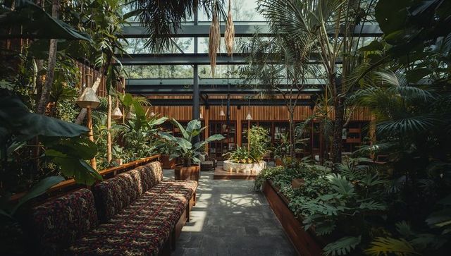 Sunlit tropical conservatory lounge with patterned bench and lush biophilic greenery