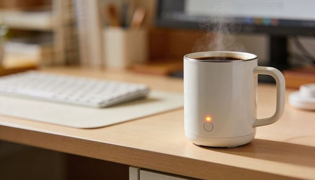Smart mug warmer keeping coffee hot in white ceramic mug on wood desk workspace