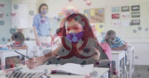 Masked students in classroom with biohazard overlay symbolizing pandemic impact