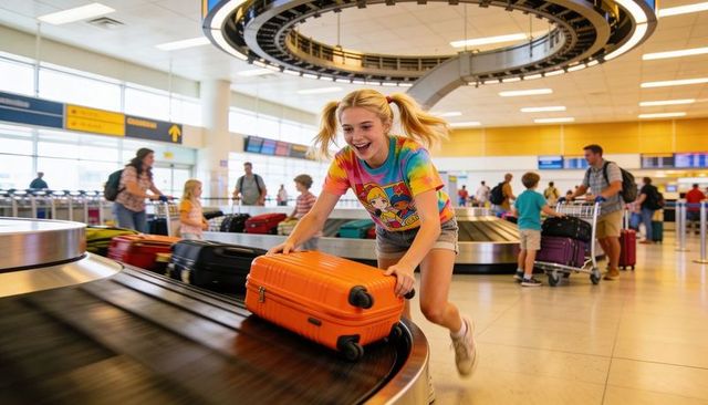 Excited girl grabbing orange suitcase on airport baggage carousel during family travel