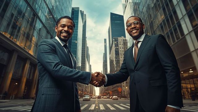 Businessmen Shaking Hands on City Street Amid Skyscrapers