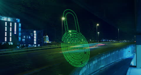 Green Padlock Symbol Over Downtown Cityscape Illustrating Cybersecurity