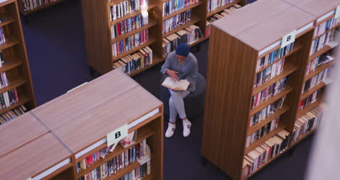 Student in Hijab Reading Book in Quiet Library Environment