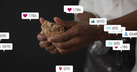 Chef holding organic oat cluster with notification icons overlay