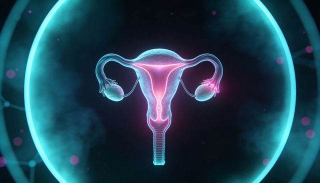 Neon 3d uterus illustration glowing ovaries fallopian tubes cervix medical visualization