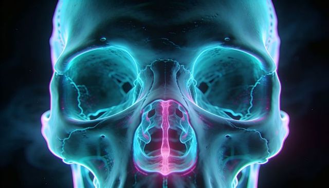 Glowing transparent skull revealing neon magenta nasal cavity and cyan orbital veins
