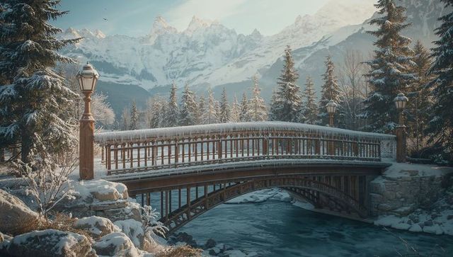 Snowy mountain bridge over frozen stream with winter forest landscape