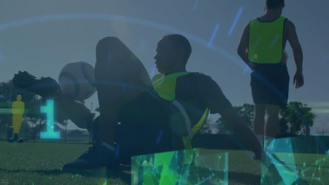 Soccer players engaged in advanced training featuring digital data overlays. Useful for illustrating the integration of technology and sports, data analysis, sports science, and modern coaching techniques.