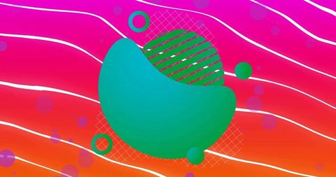 Floating teal organic shape overlapping striped disk on vibrant pink-orange gradient background