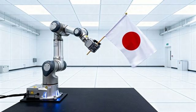 Articulated robot arm holding japanese flag in sterile cleanroom laboratory for automation