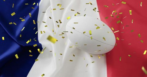 Rugby Ball on French Flag with Celebratory Confetti