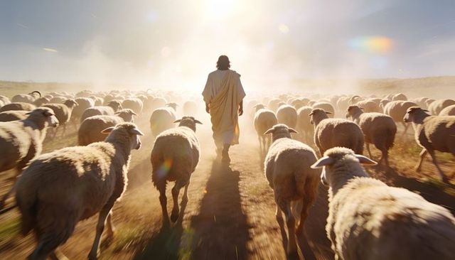 Backlit shepherd walking through dusty flock at golden hour, cloaked herder leading sheep