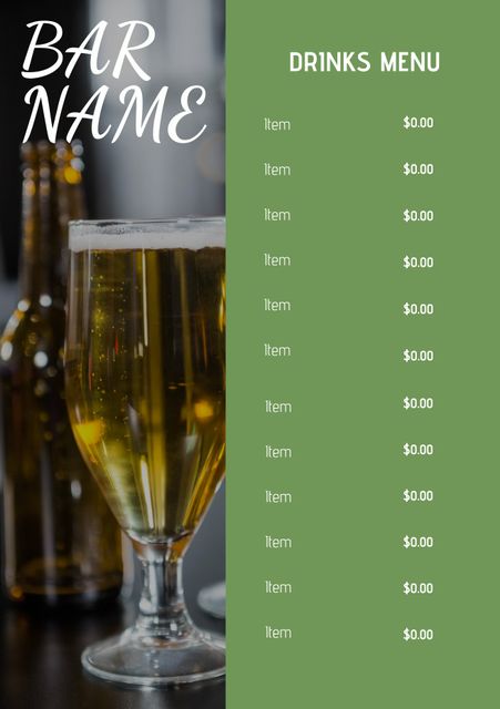 This elegant drinks menu template featuring a sophisticated design is perfect for bars, pubs, and coffee shops. Its customizable sections allow for the inclusion of various drink options with prices. Ideal for establishments looking to present a polished and professional menu to customers. The well-organized layout ensures easy readability, enhancing the overall customer experience.