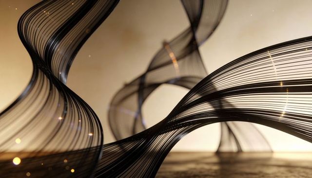 Looping black ribbon waves flowing over warm backlight with golden sparkles and curves