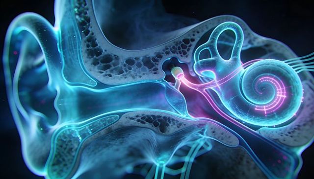 Cochlear implant in neon 3d ear cross section showing cochlea, eardrum, electrode, detail