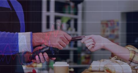 Customer paying with credit card in modern cafe setting composite image