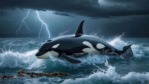 Orca Surging Through Stormy Seas Amid Lightning