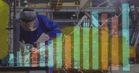 Metalworker Grinding with Data Chart Overlay in Industrial Workshop