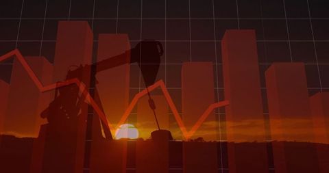 Oil pumpjack silhouetting against falling market chart at sunset, crude price decline