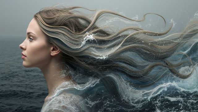 Ethereal woman with hair as ocean waves amidst serene sea