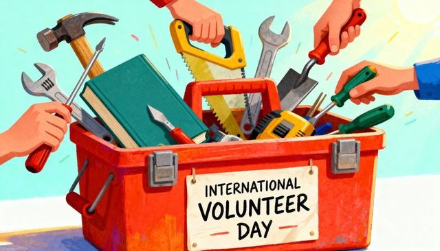 Vibrant toolbox with hands reaching tools celebrating international volunteer day community spirit