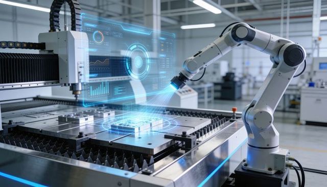 Robotic Arm Scanning Metal Part with Holographic Interface on CNC Worktable Industry 4.0
