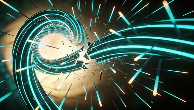 Teal-cyan energy ribbons breaking into neon fragments with dynamic light streaks and motion