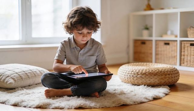 Young boy sitting on shag rug using tablet in cozy living room, learning and focusing