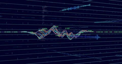 Multicolor Waveform Data Visualization Pulsing Across Neon Digital Grid Dashboard