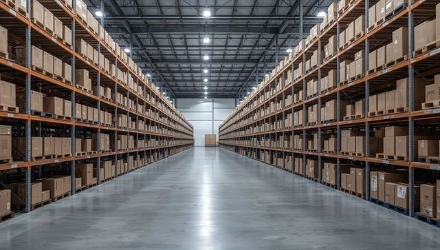 Expansive industrial warehouse aisle featuring symmetrical pallet racking and packed boxes
