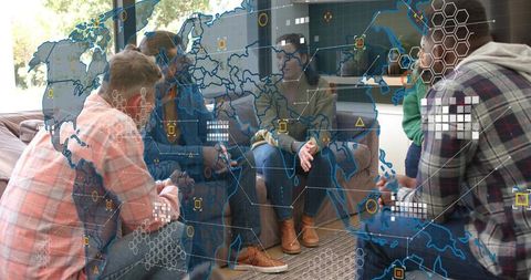 Global team brainstorming with digital world map overlay — collaborative strategy session