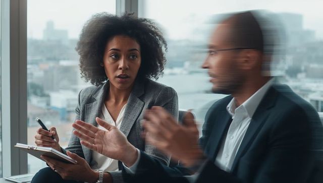 Focused businesswoman taking notes while colleague gesturing in urban office meeting