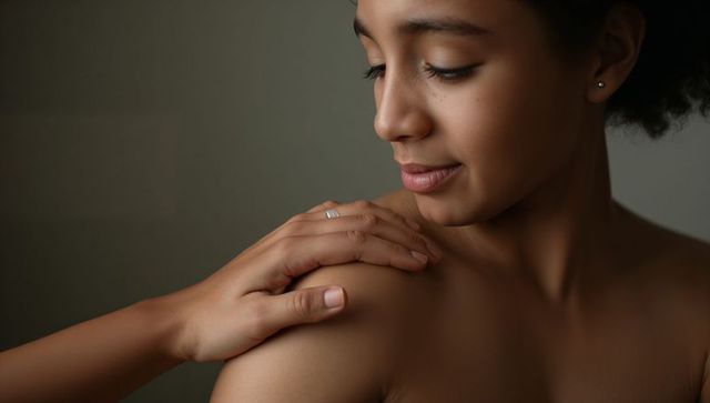 Gentle touch on bare-shouldered teen conveying calm warmth and self-care
