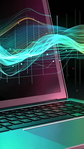 Vertical tech video showing laptop opening with neon waveform and flowing data visualization