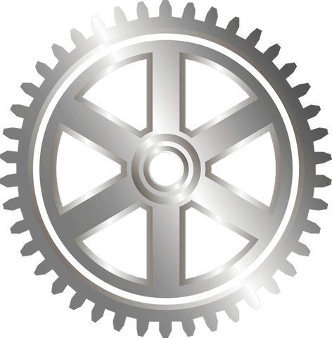 Transparent metallic gear wheel with spokes and teeth